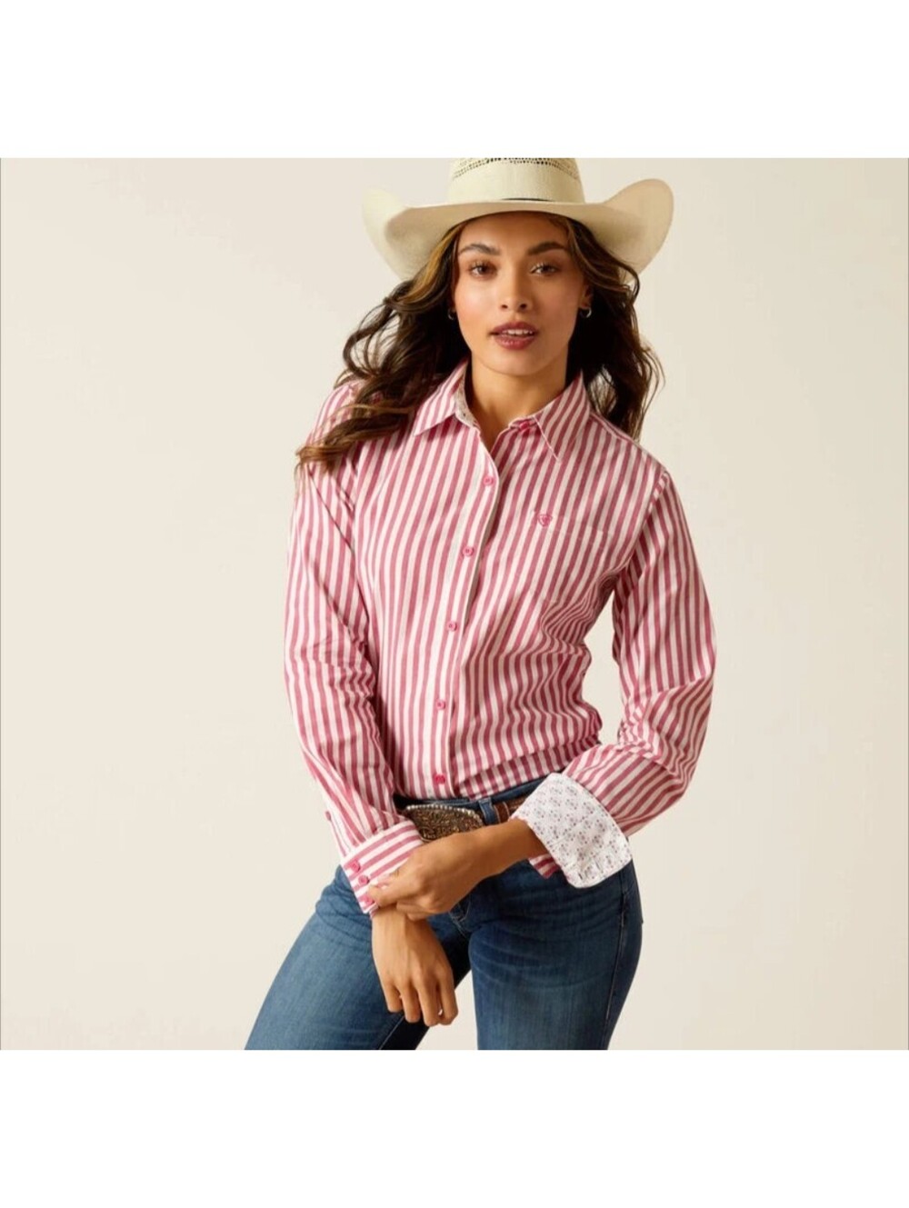 Ariat Kirby Stretch Shirt Pink White Striped Button Down Western Women's Plus 2X